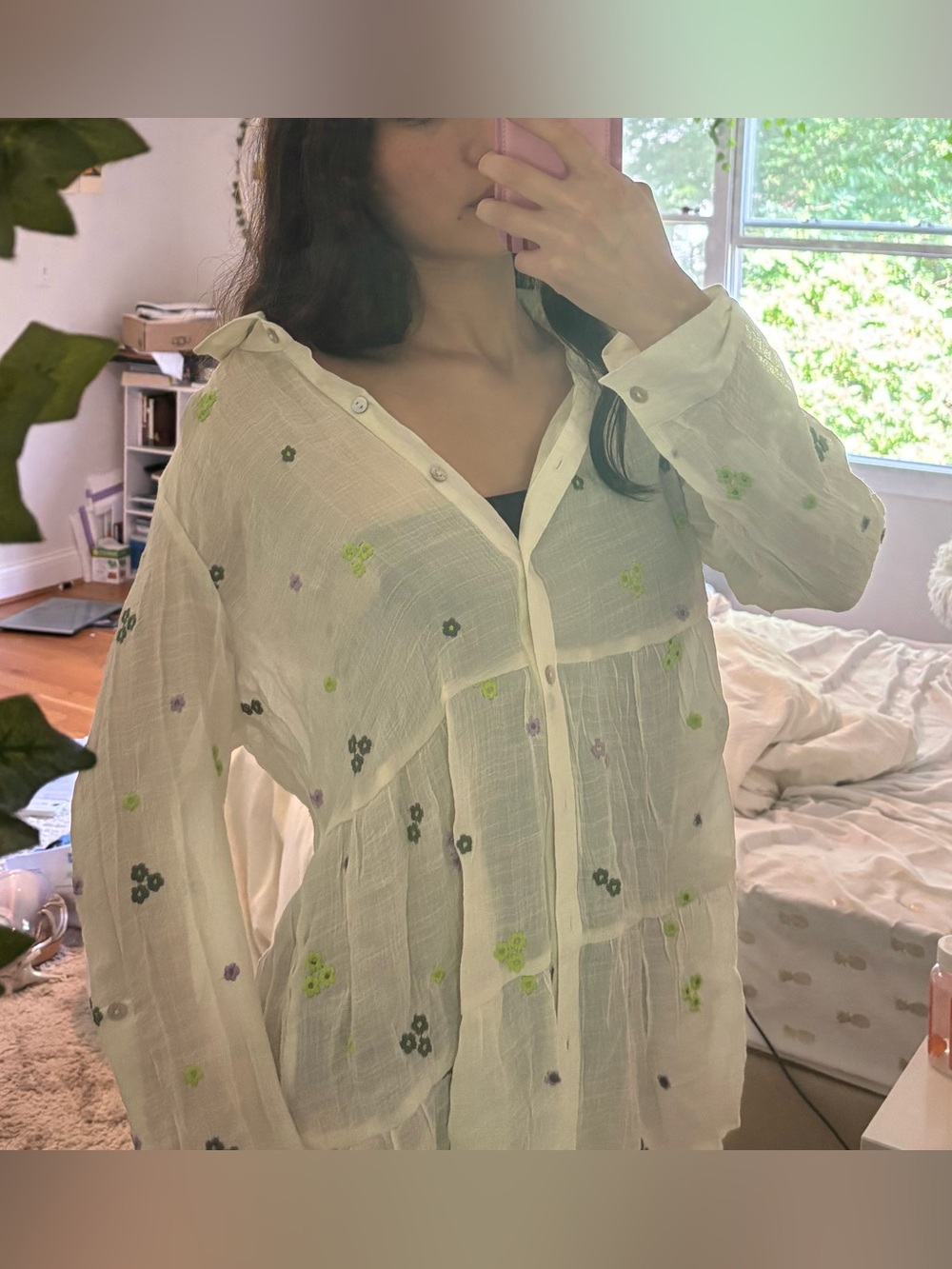 Embroidered Floral sheer coverup button up top